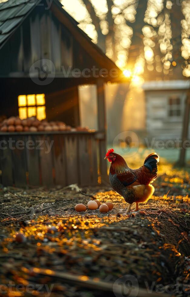 Rooster and eggs in the morning on the farm. Chicken Coop Gathering photo