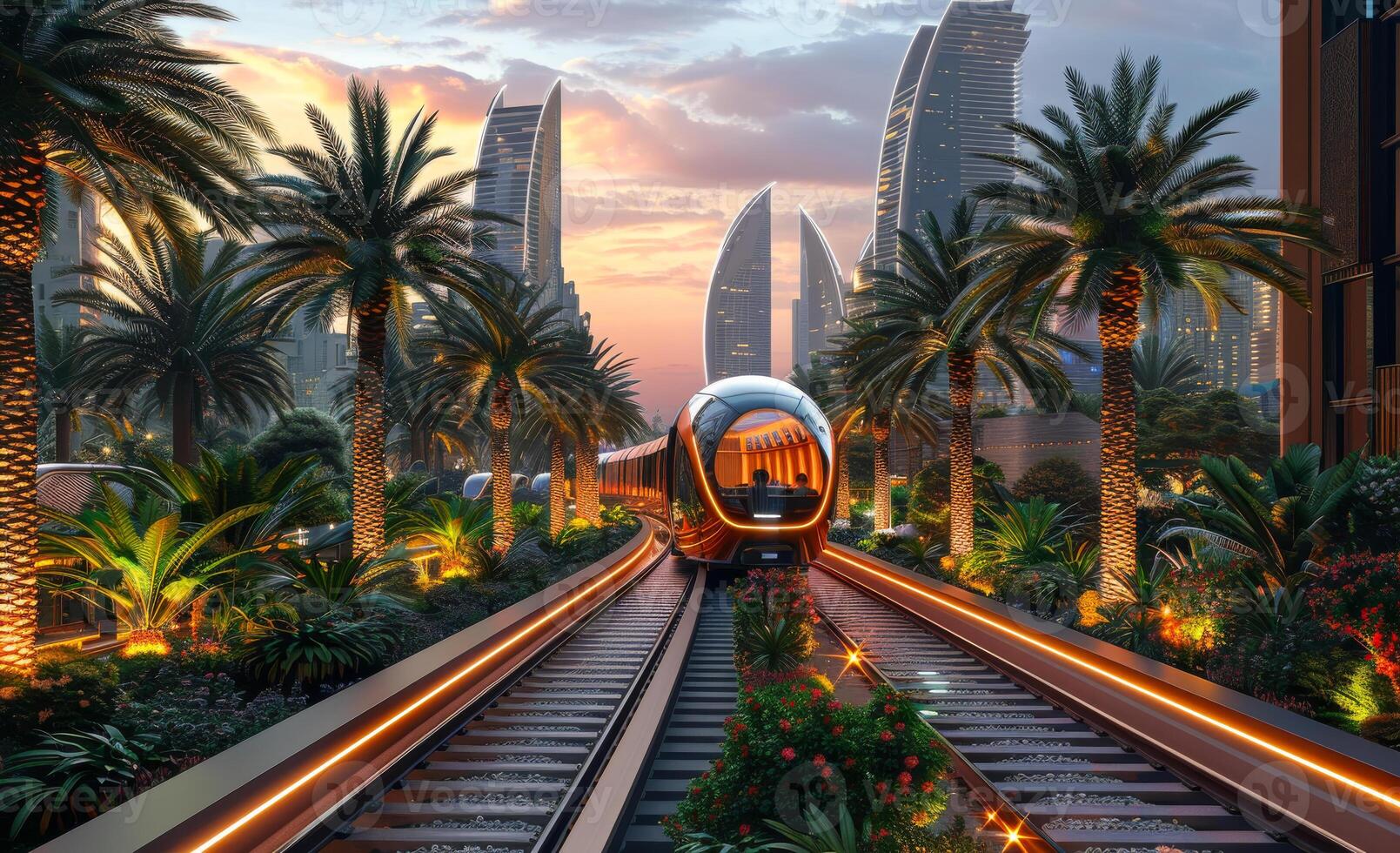 Modern train on the background of the evening city. Dubai UAE photo
