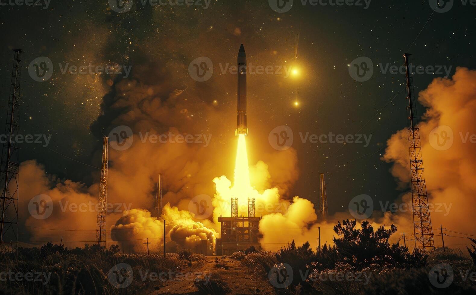 Space rocket launch in the starry sky. Nighttime sky lit by the terrifying beauty of a missile's ascent photo
