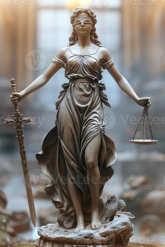Statue of Justice with sword and scales in her hand photo
