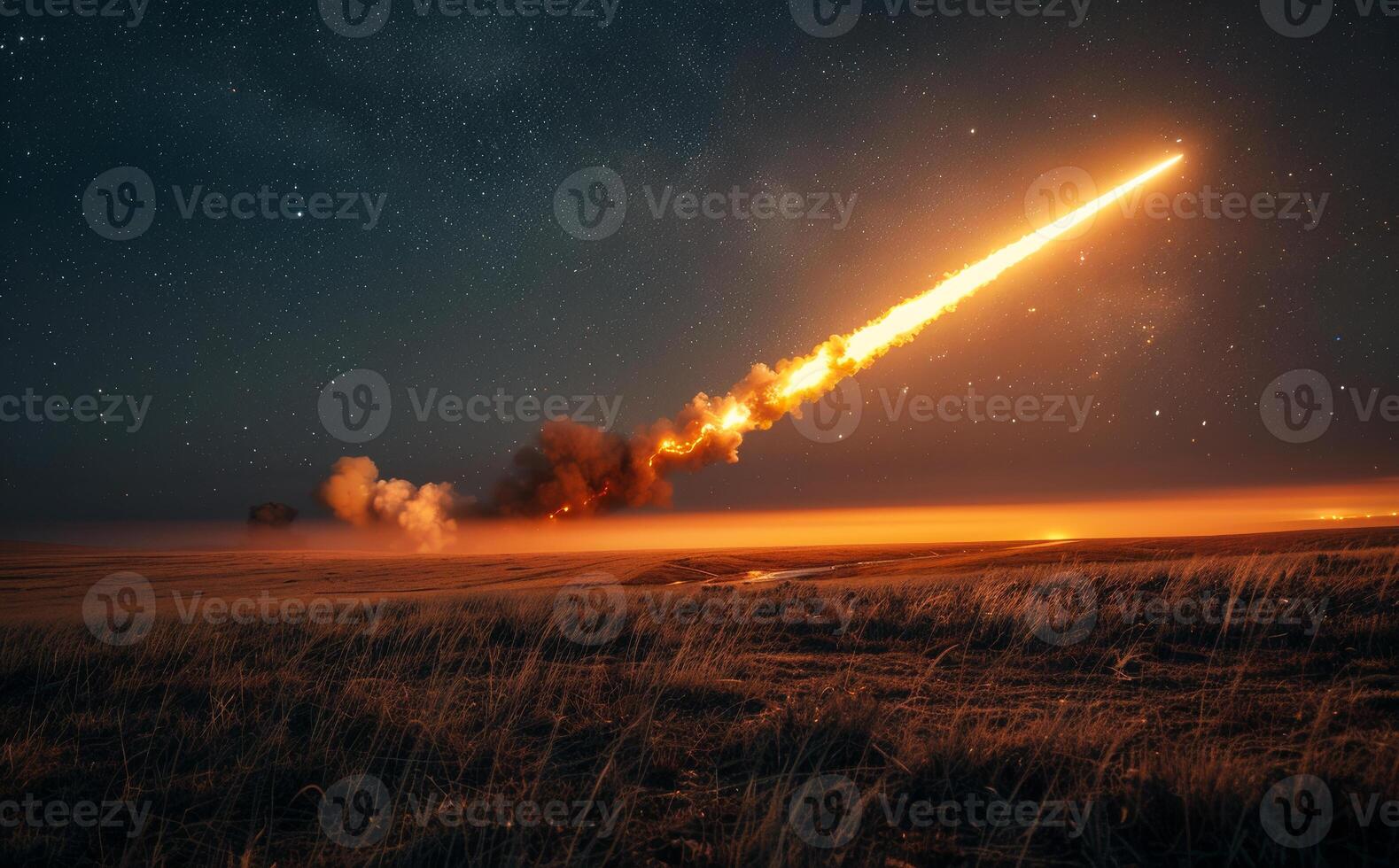 Rocket launches into space. Nighttime operation of a missile launcher photo