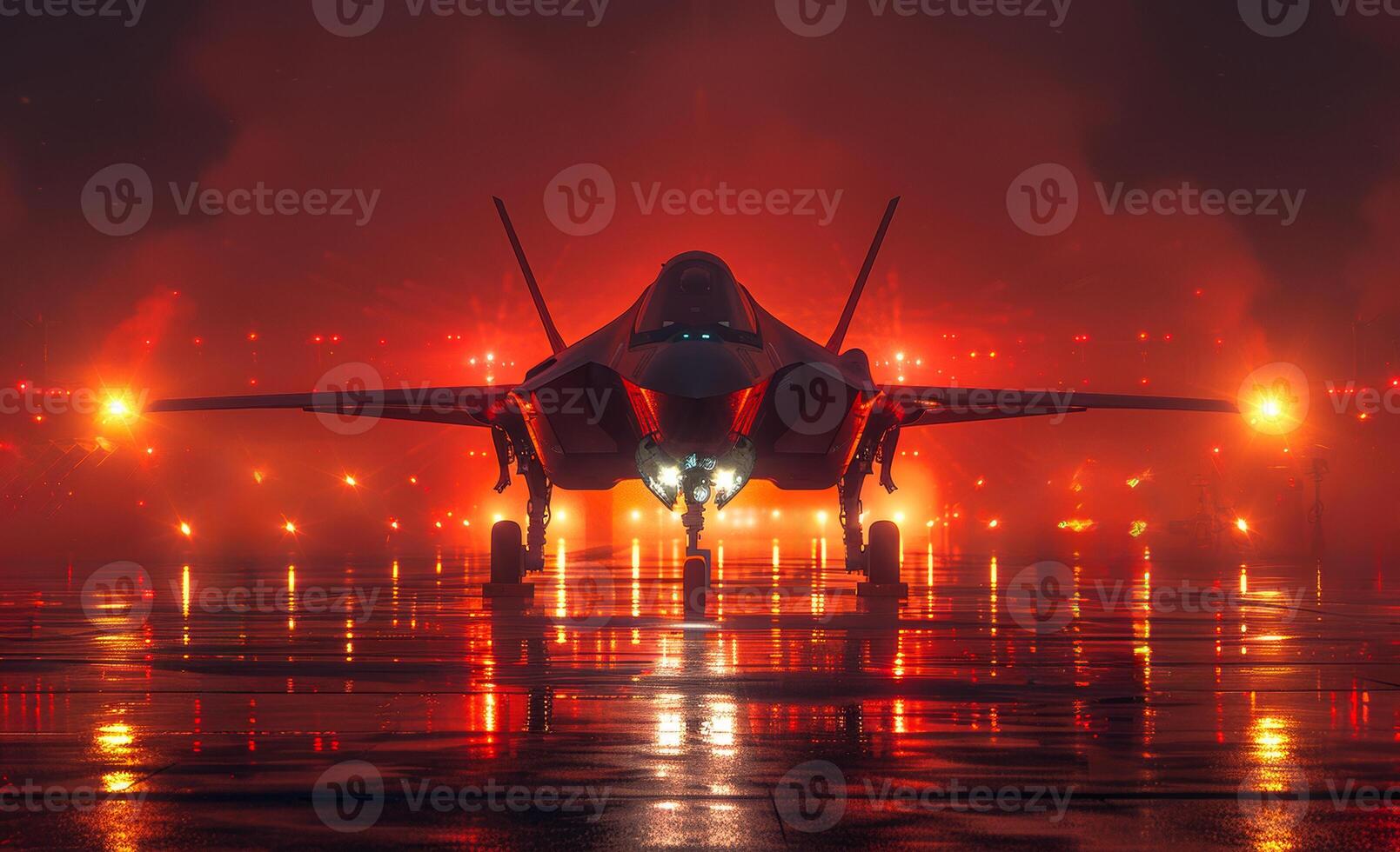 A fighter jet parked on aircraft carrier in the ocean at night with red light and flares. photo