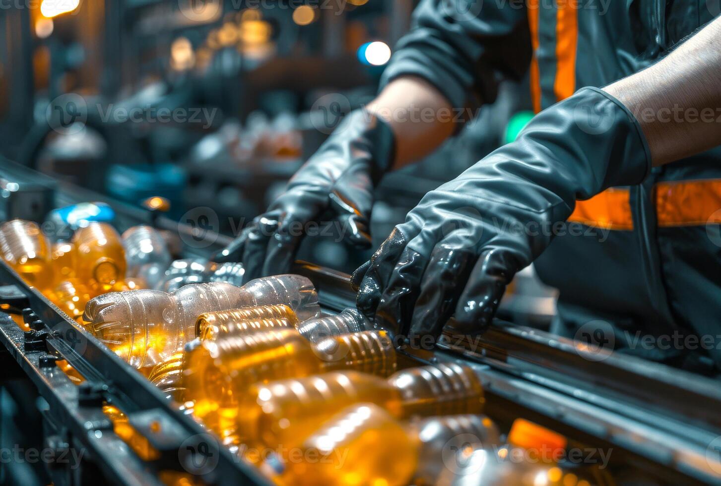 Worker in gloves holds bottle on the conveyor at the factory photo