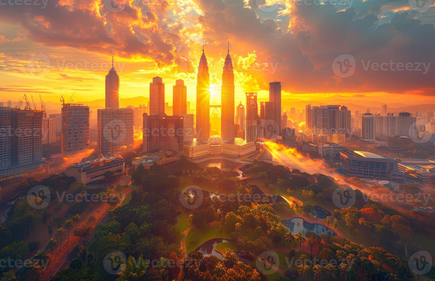 A city skyline and skyscrapers at sunrise in the morning photo
