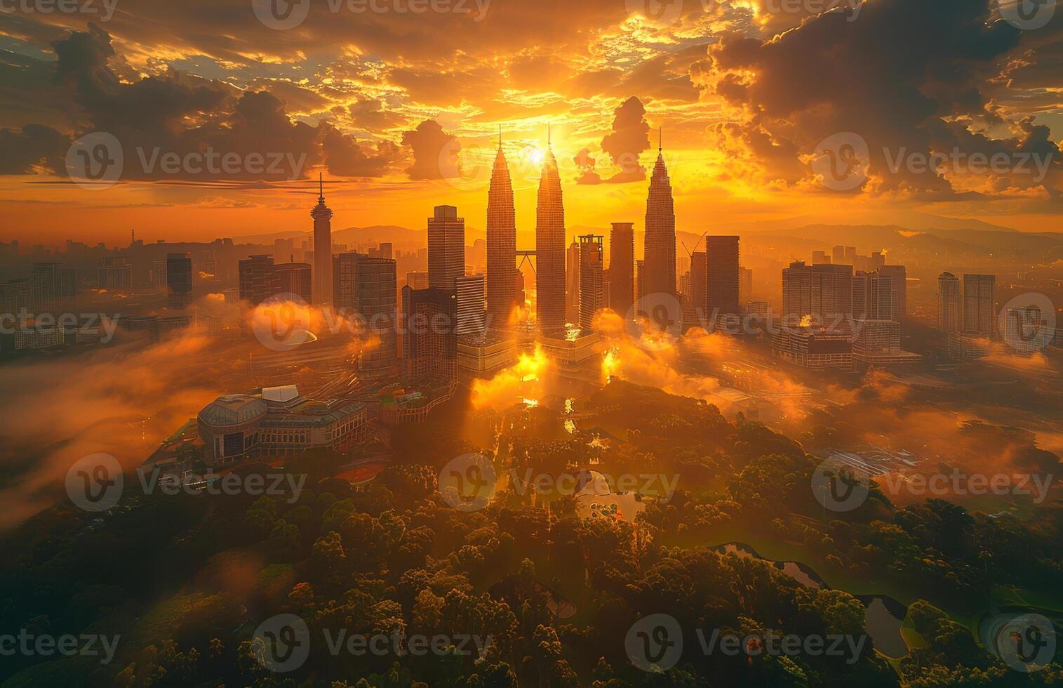 A city skyline with skyscrapers and cloudy sky at sunrise photo