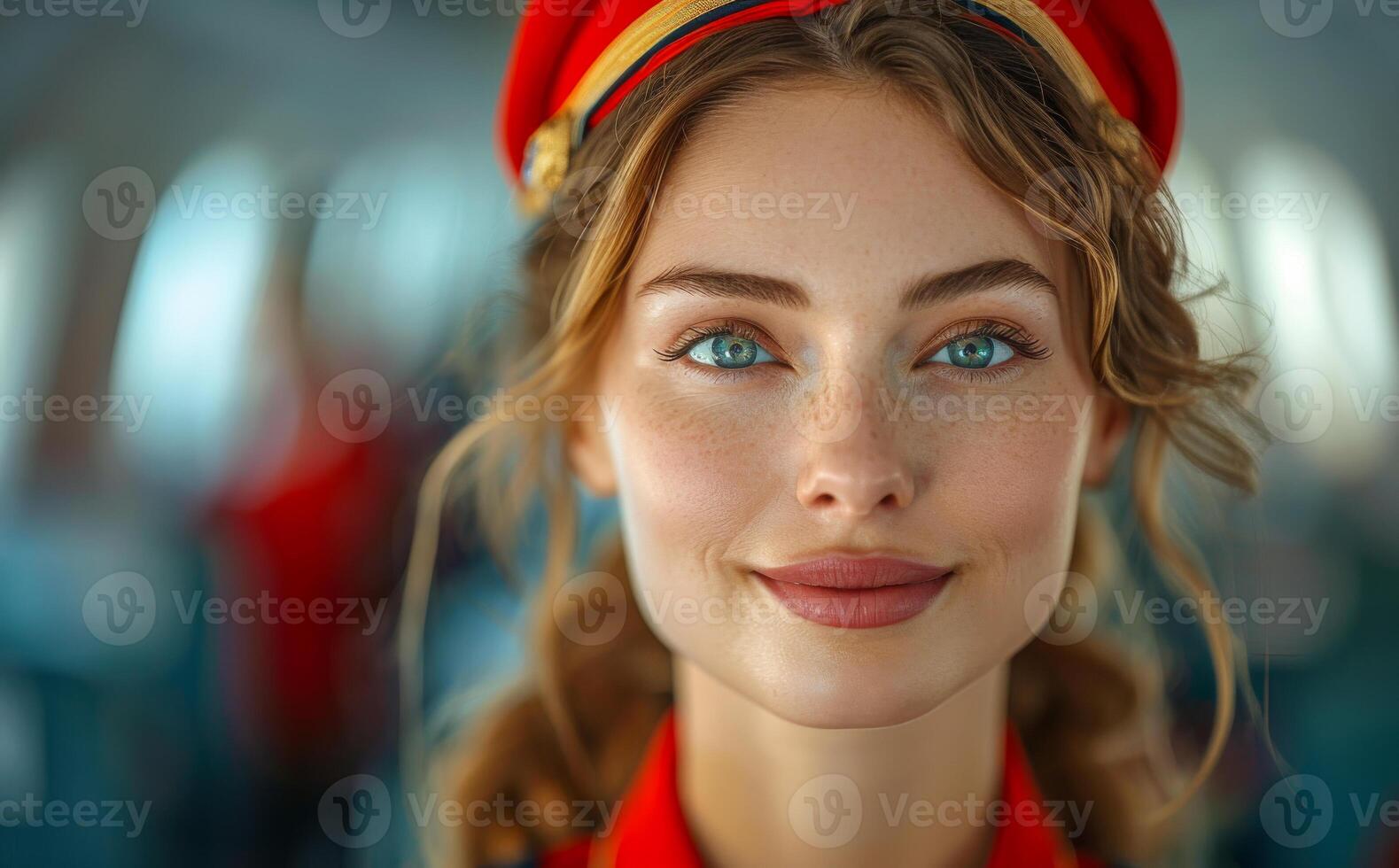 Beautiful young woman in red uniform as air hostess is looking at camera while standing on board of the aircraft photo
