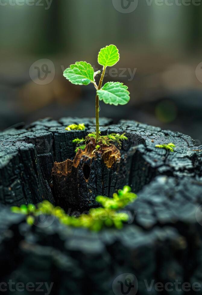 A small green sprout grows from the hollowed out tree stump photo