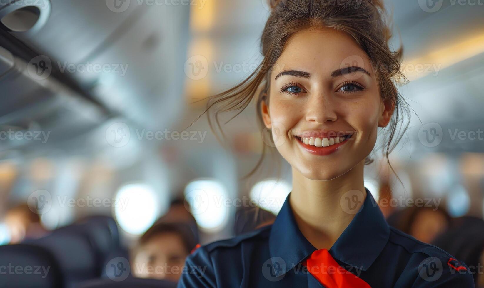 Beautiful air hostess smiling while standing in the airplane photo