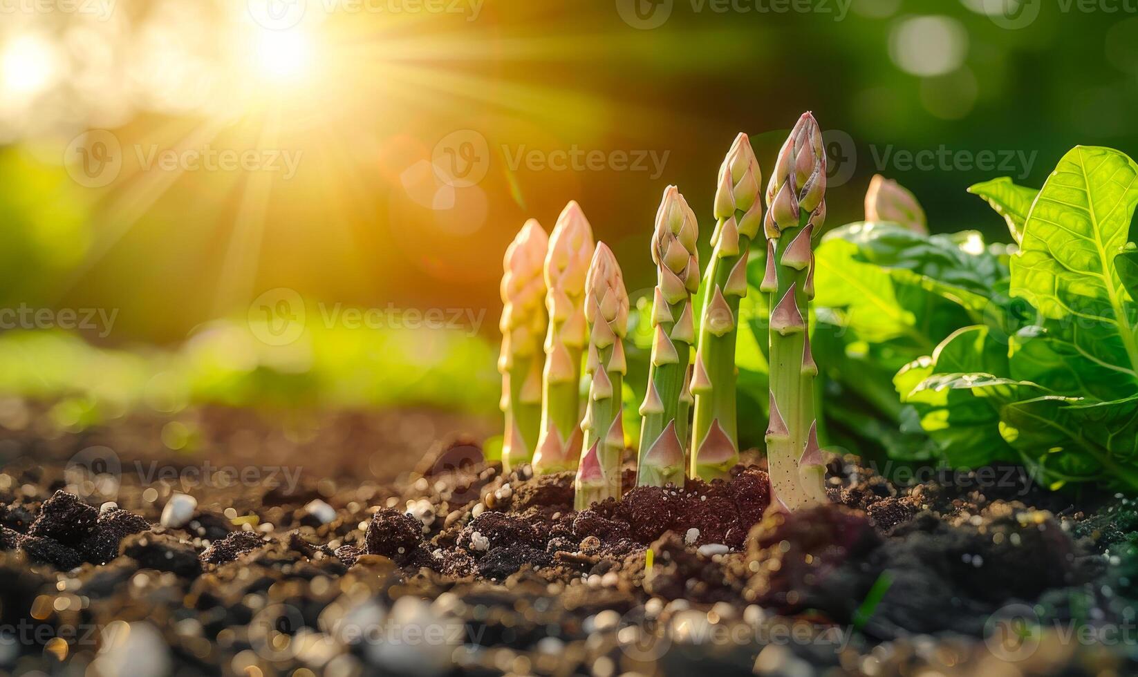 Young green asparagus sprouts in the soil in spring. Asparagus growing in the garden photo