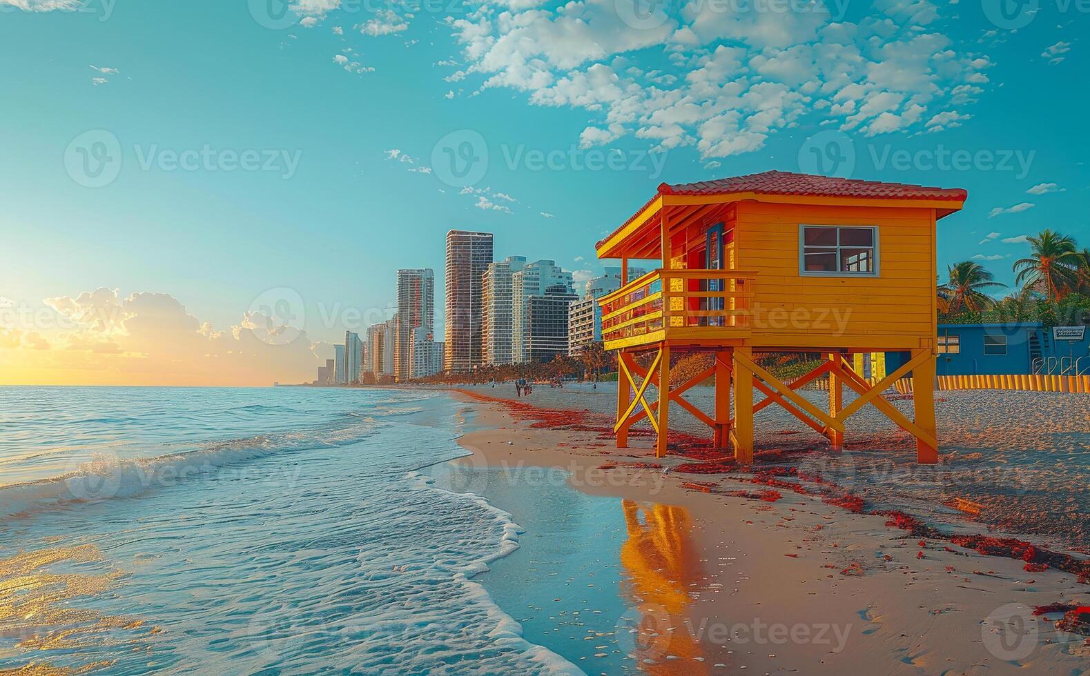 Lifeguard tower and buildings in the background at sunrise in Miami Beach Florida. photo