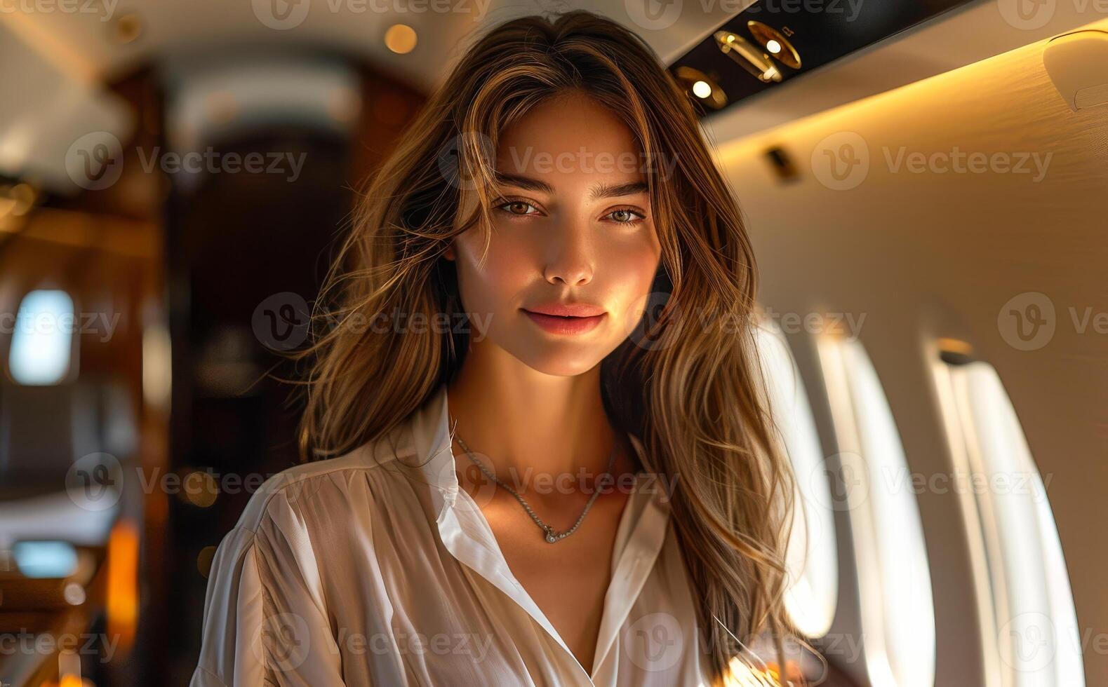 Beautiful young woman is looking at camera while standing in private jet. photo