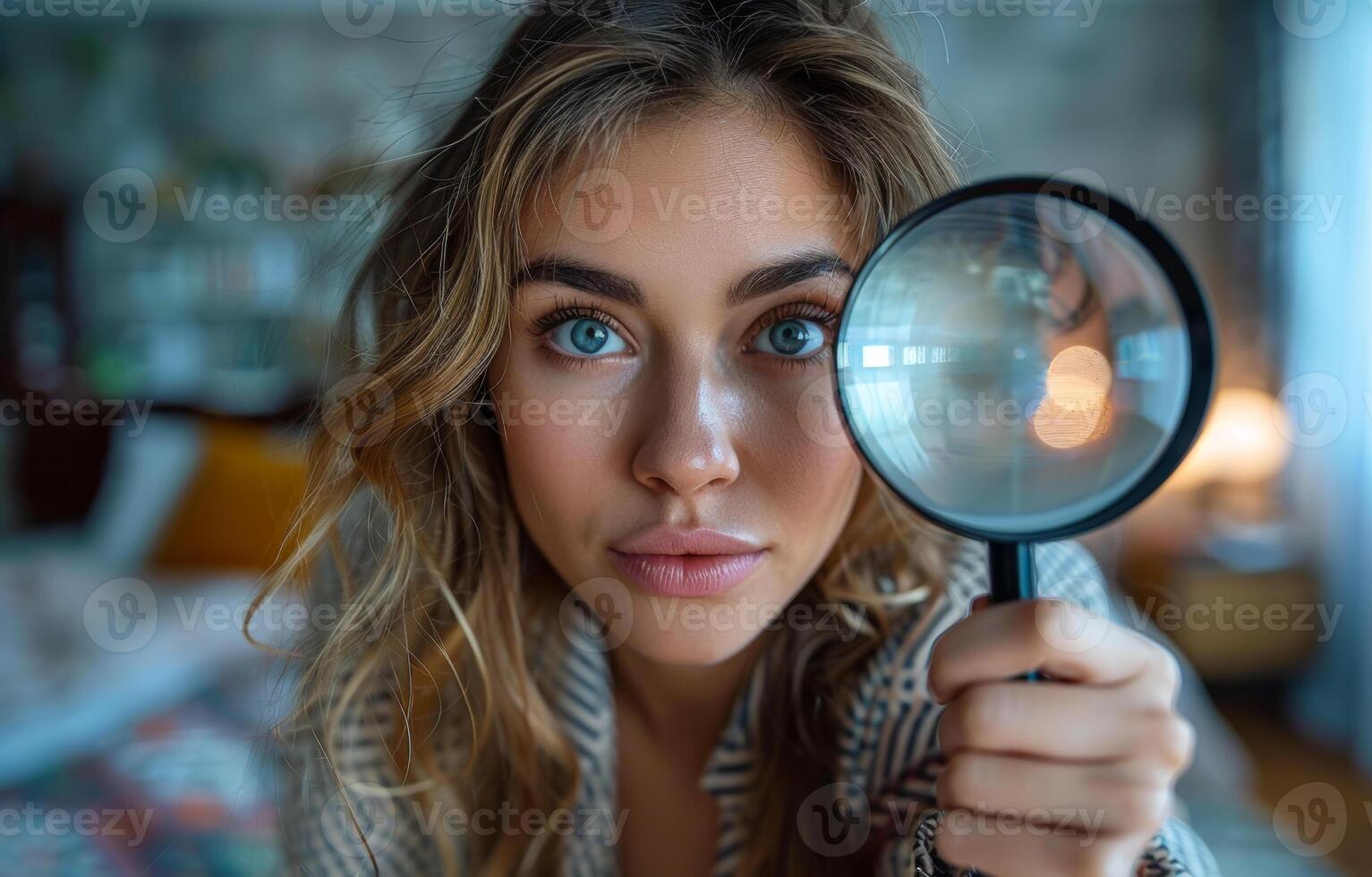 Beautiful young woman looking through magnifying glass while sitting on the bed at home. photo