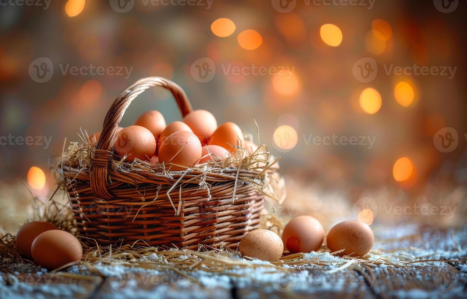 Fresh organic chicken eggs in basket on wooden rustic table photo