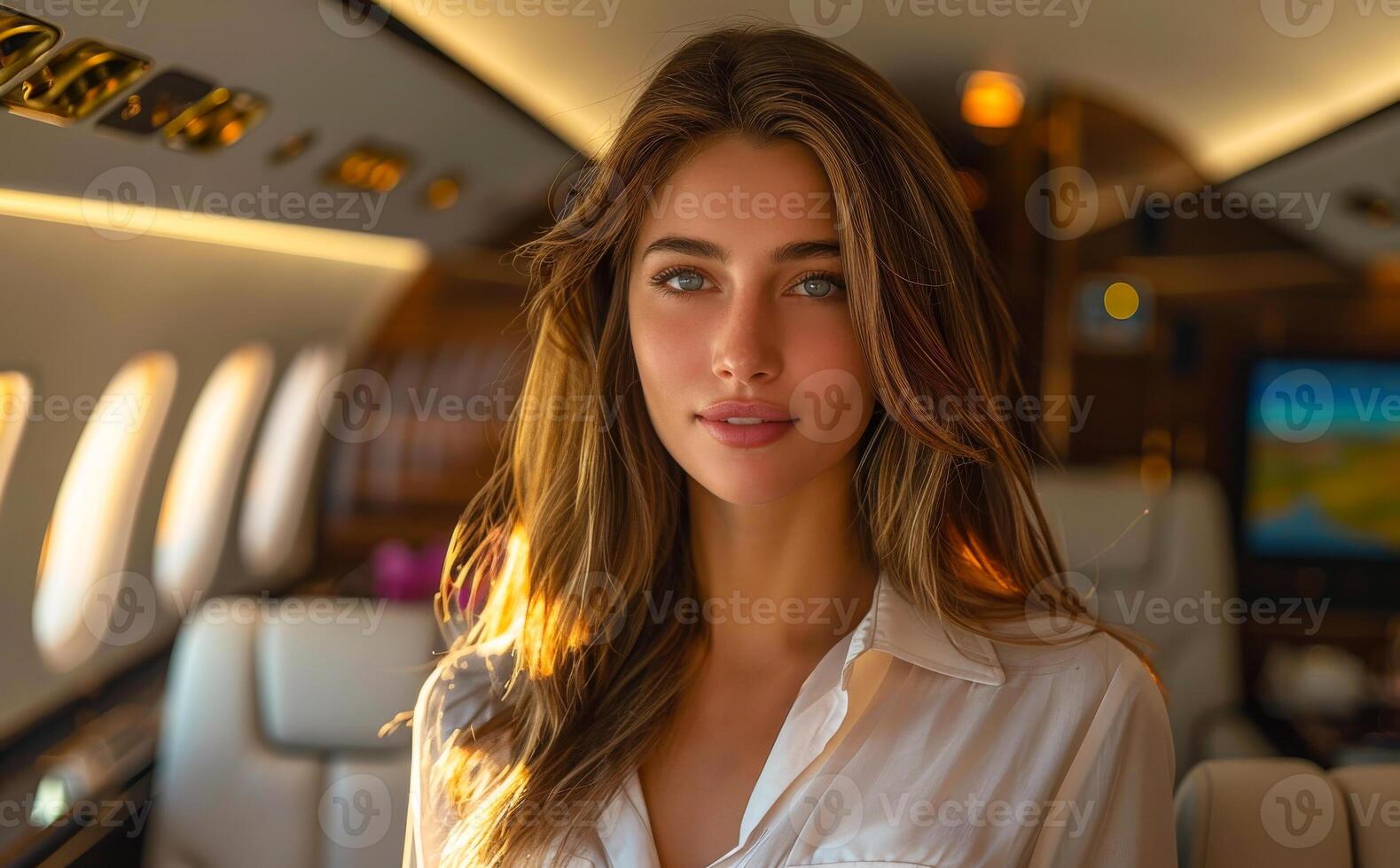 Beautiful woman in the interior of business jet photo