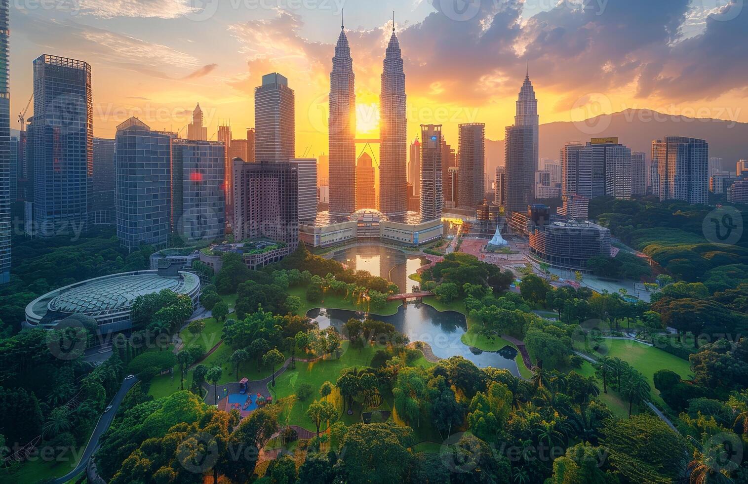 A city skyline and greenery at sunset view from the top. Modern buildings in the city photo