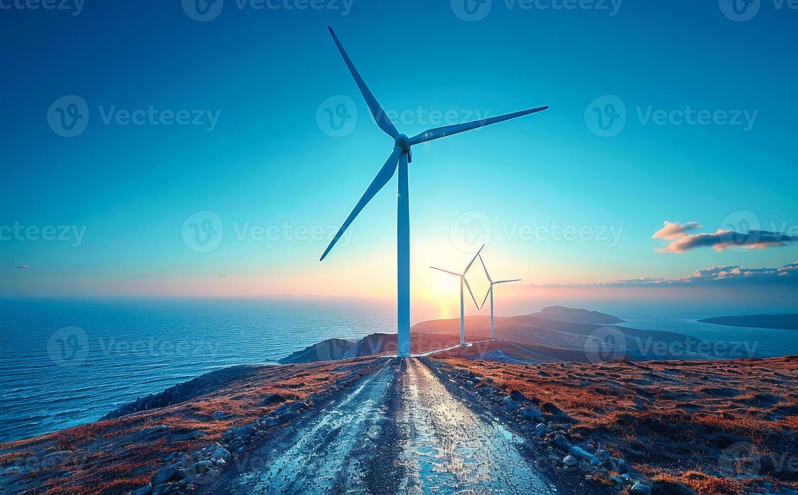 Wind turbines on the top of the mountain. A generating electricity. Green energy transition photo