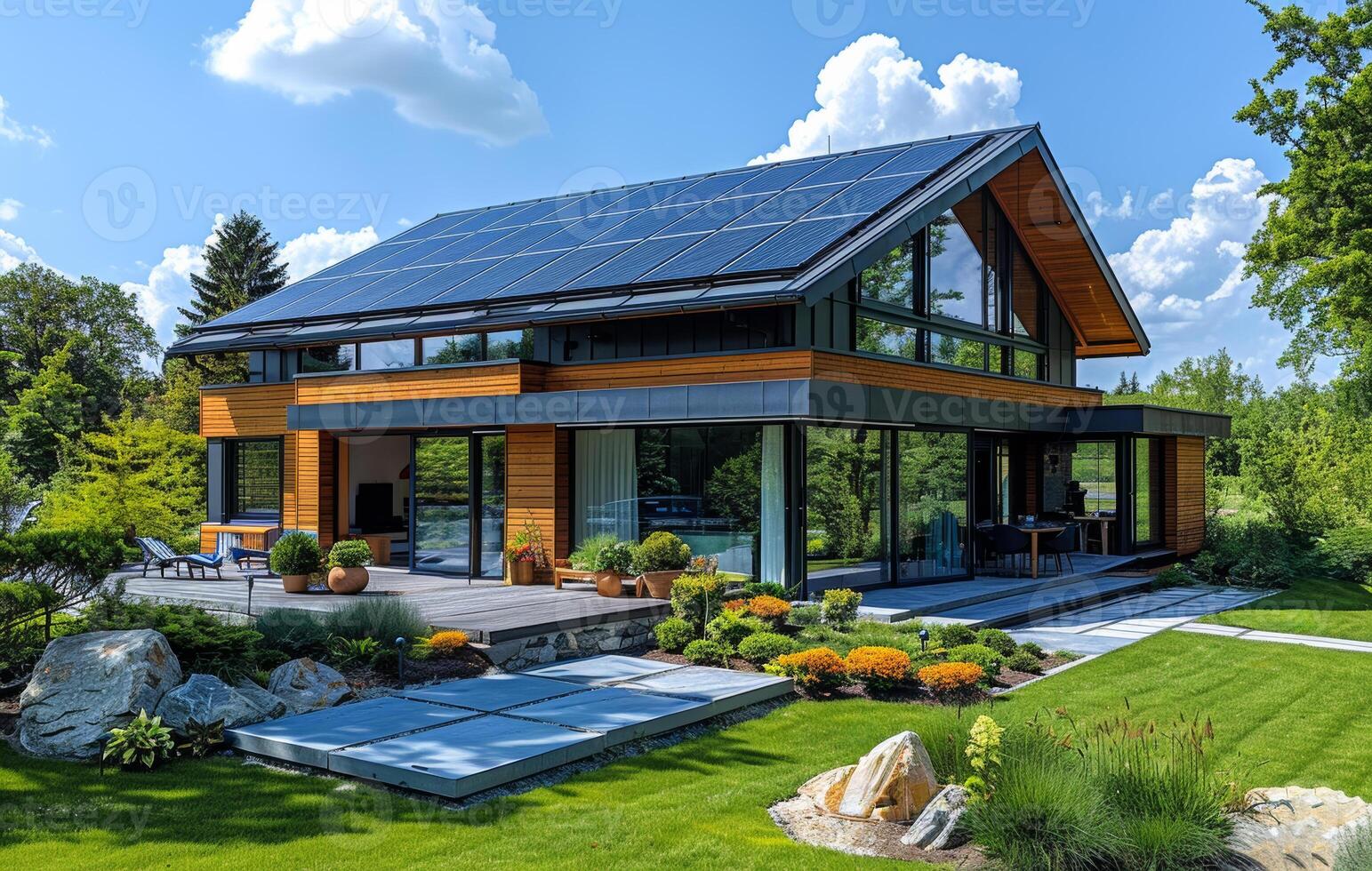 Modern house with solar panels on the roof. A photo of solar panels on the roof of a modern house