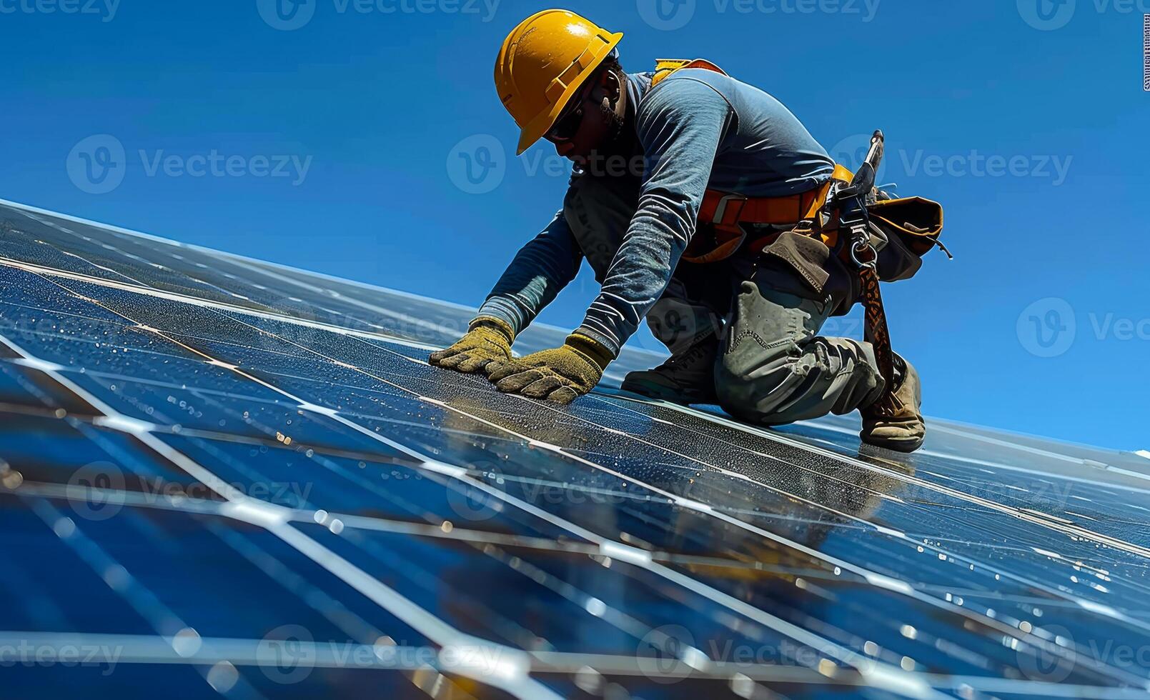 Man installs solar panels on roof. Worker installing solar panels outdoors photo