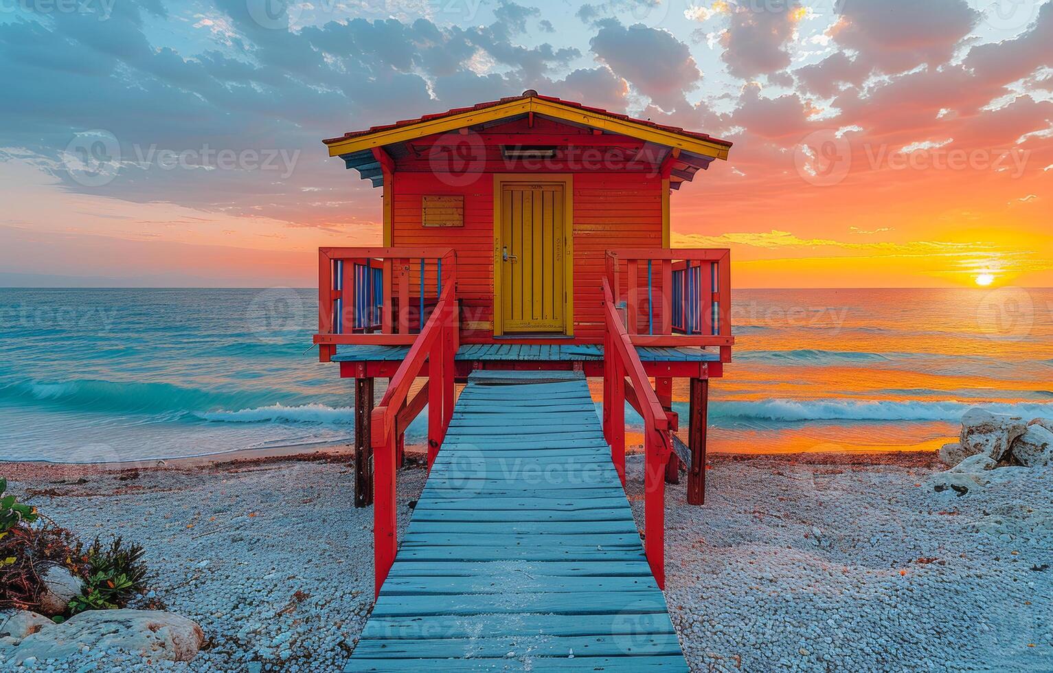 Colorful lifeguard station sits on the beach at sunset photo