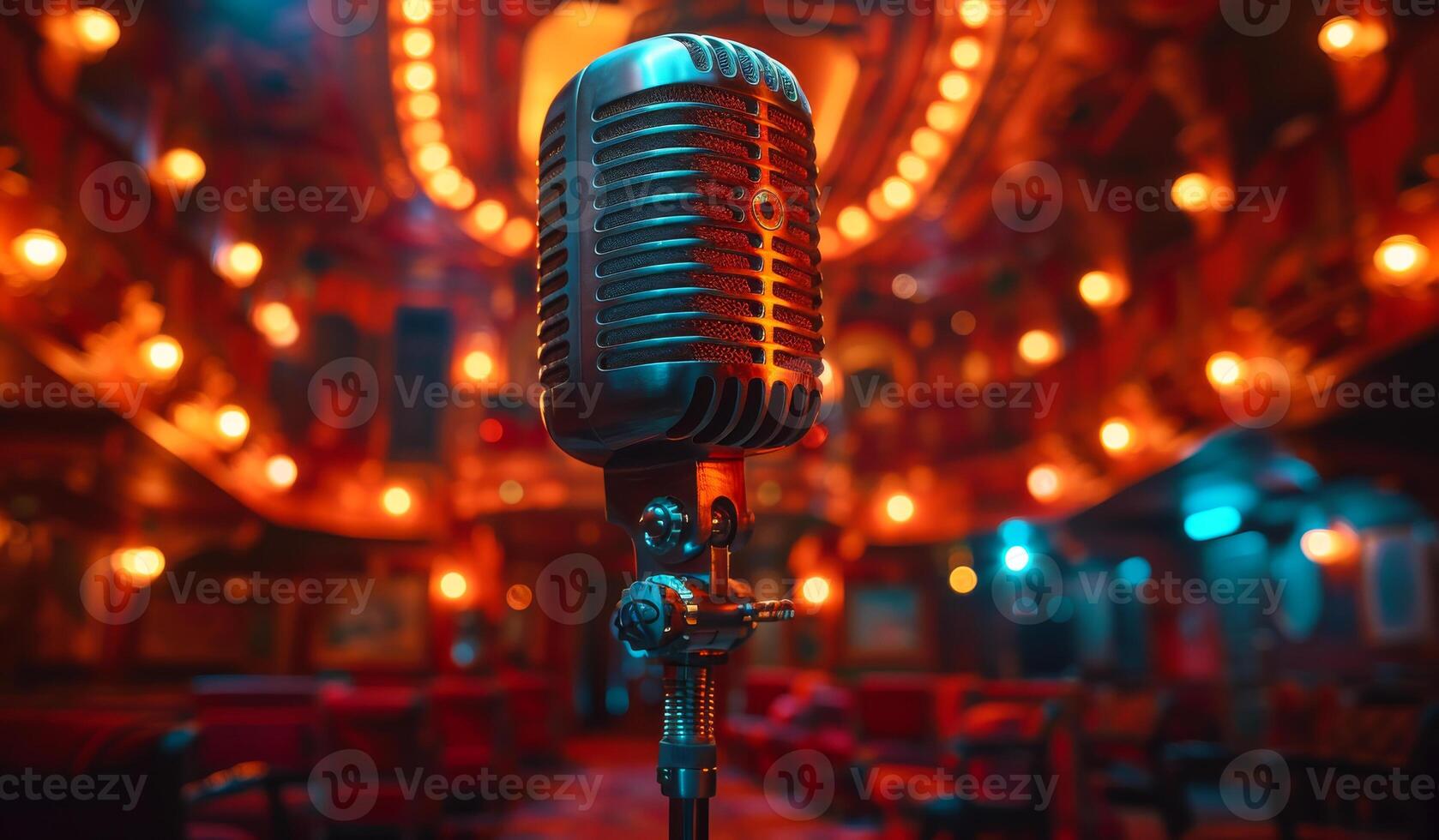 Microphone on stage in night club. Microphone on stage against a background of auditorium photo