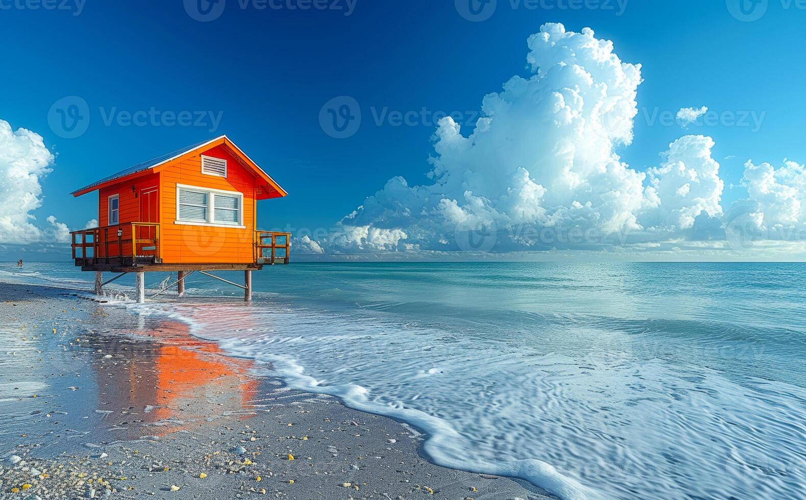 Bright orange lifeguard hut stands on the beach with the ocean and clouds in the background. photo
