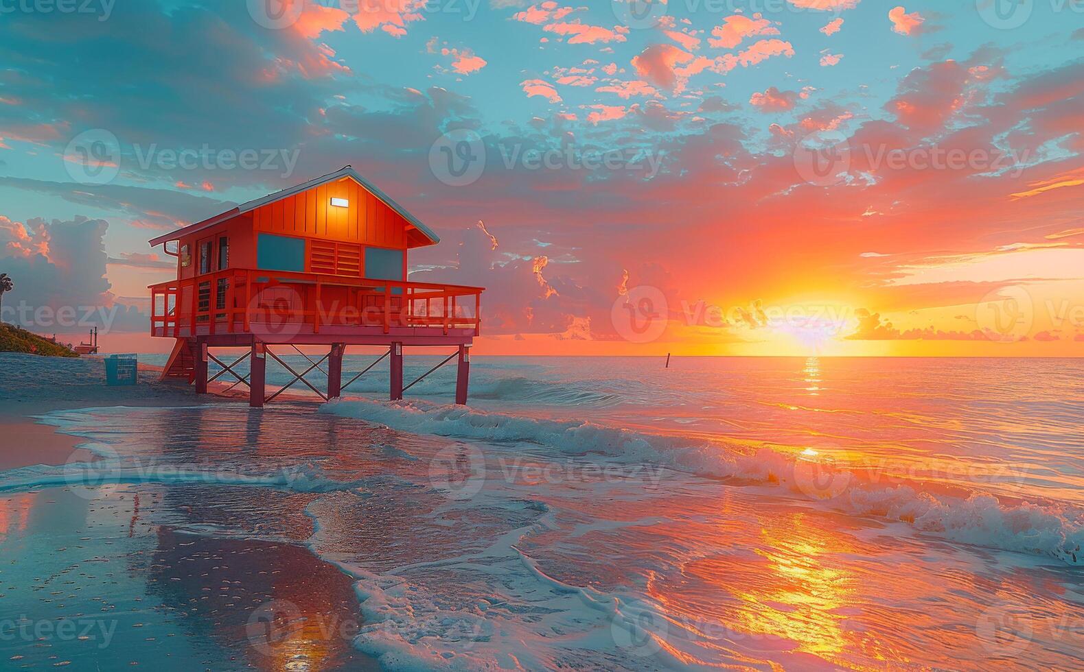 Red lifeguard house sits on the beach at sunset photo