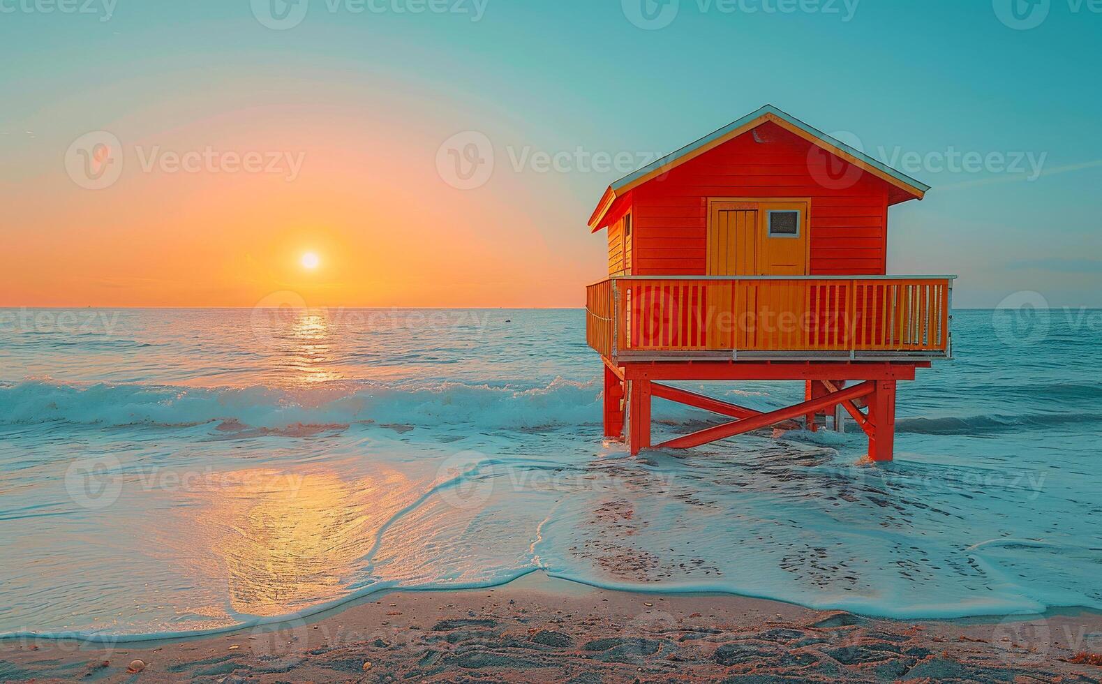 Colorful lifeguard house stands on the beach at sunset photo