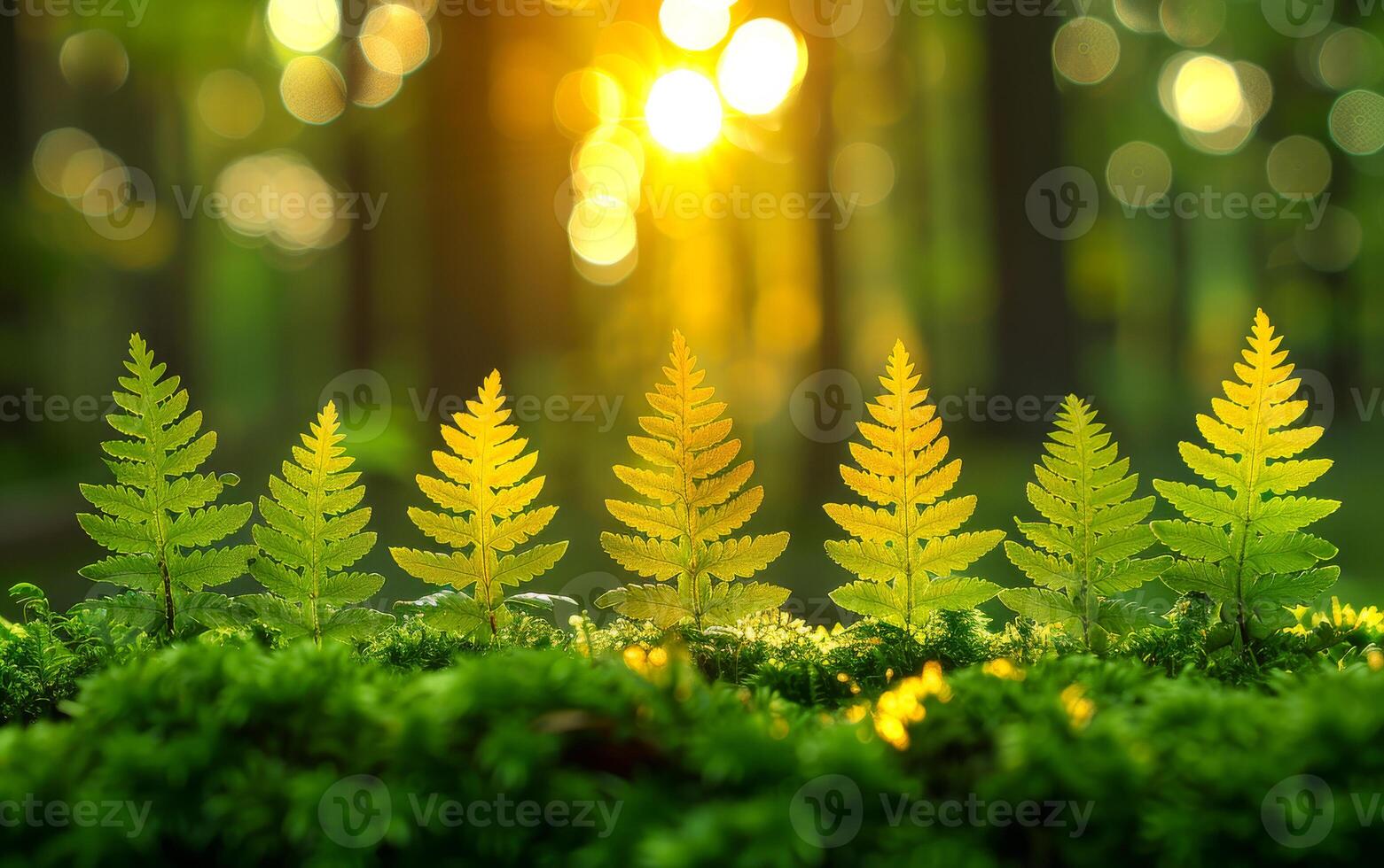 Ferns in the forest with sunlight. A close up ferns in a mossy forest photo