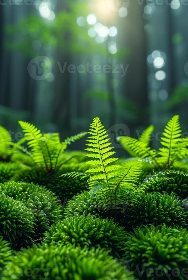 Ferns and moss in forest with sunlight coming through the trees photo