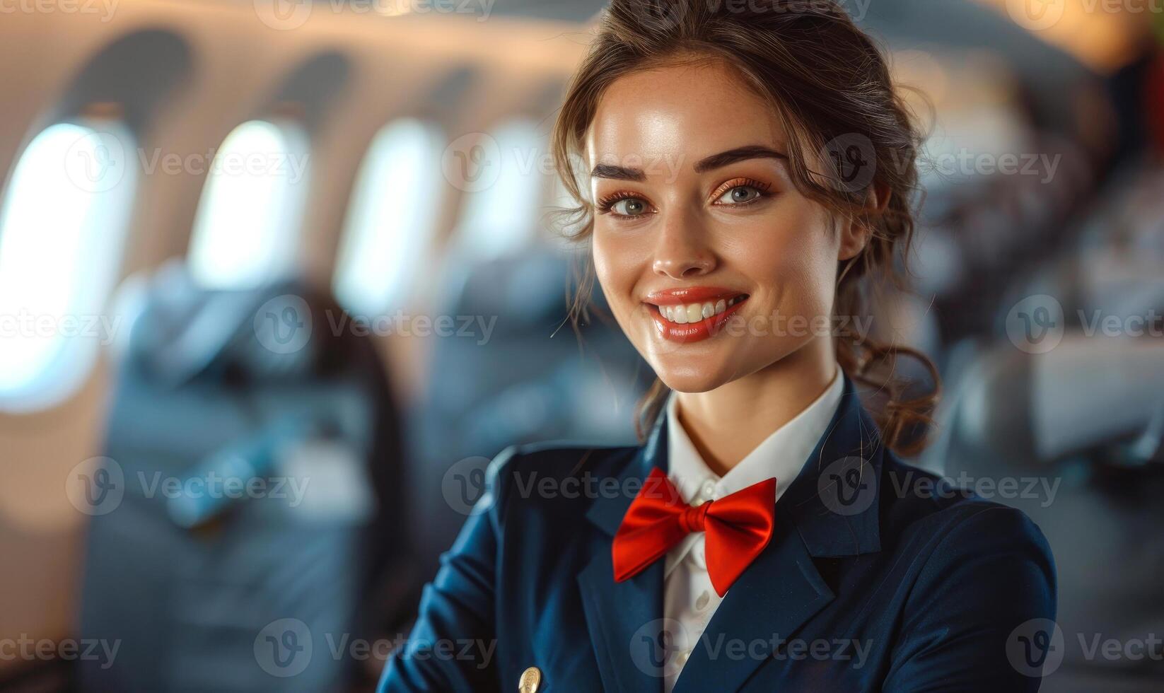 Beautiful flight attendant in the cabin of airplane photo