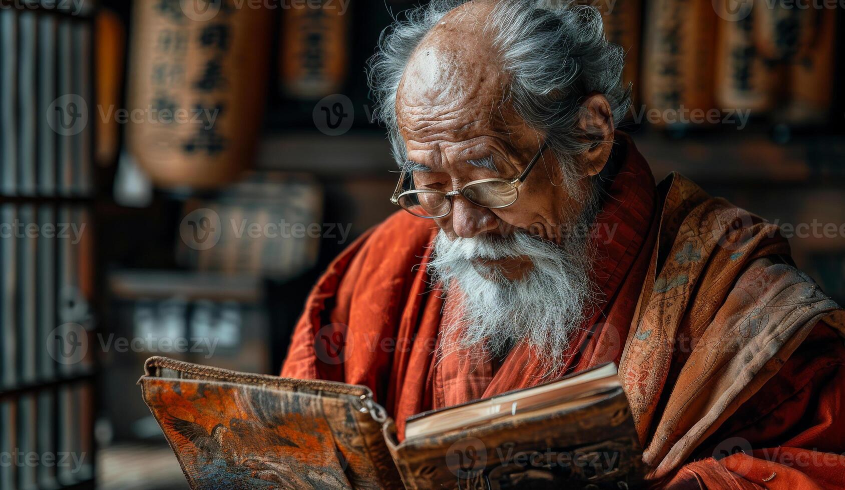 Old wise man reading book. A Wise old japanese zen master photo
