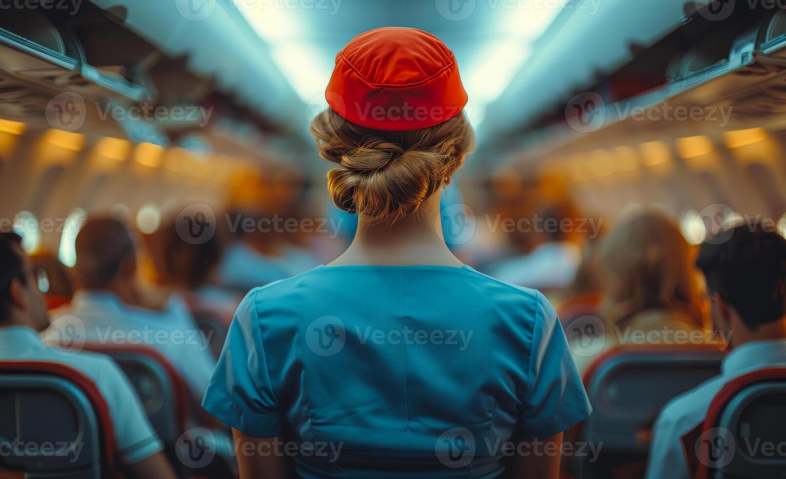Young beautiful stewardess in red cap is standing in the aisle of the aircraft. photo