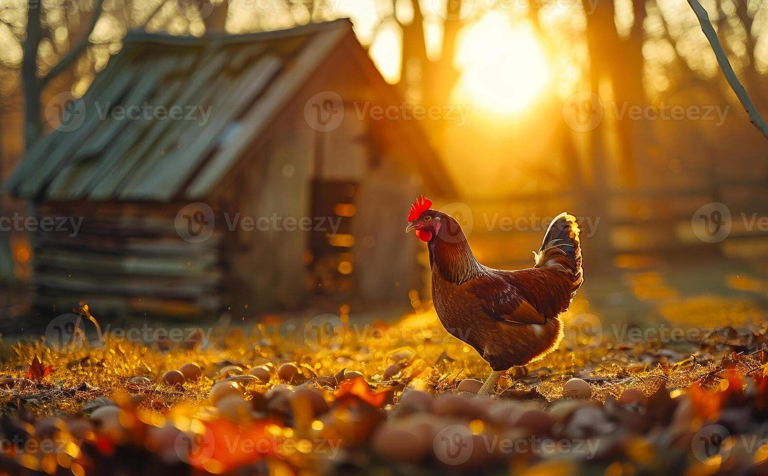 Rooster and eggs in the yard. Chicken Coop Gathering photo