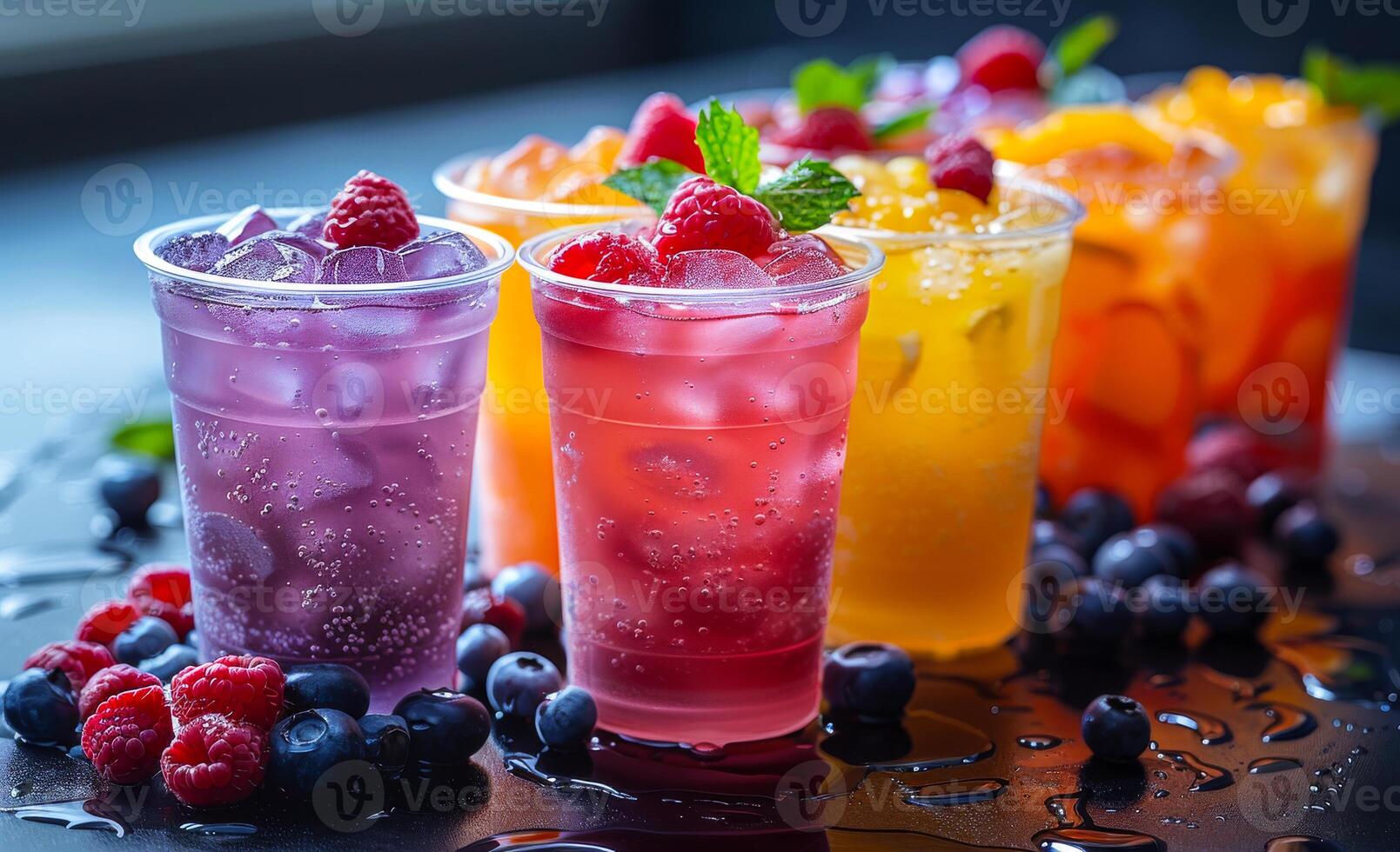 Colorful cold drinks with fruits on dark background photo