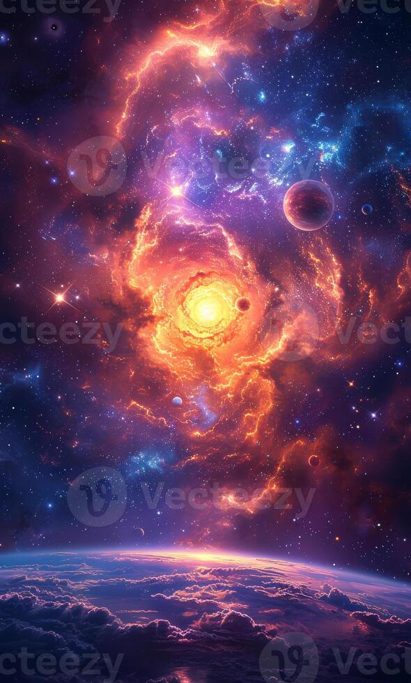 Planets over the nebulae in space. The solar system with the planets and sun in space photo