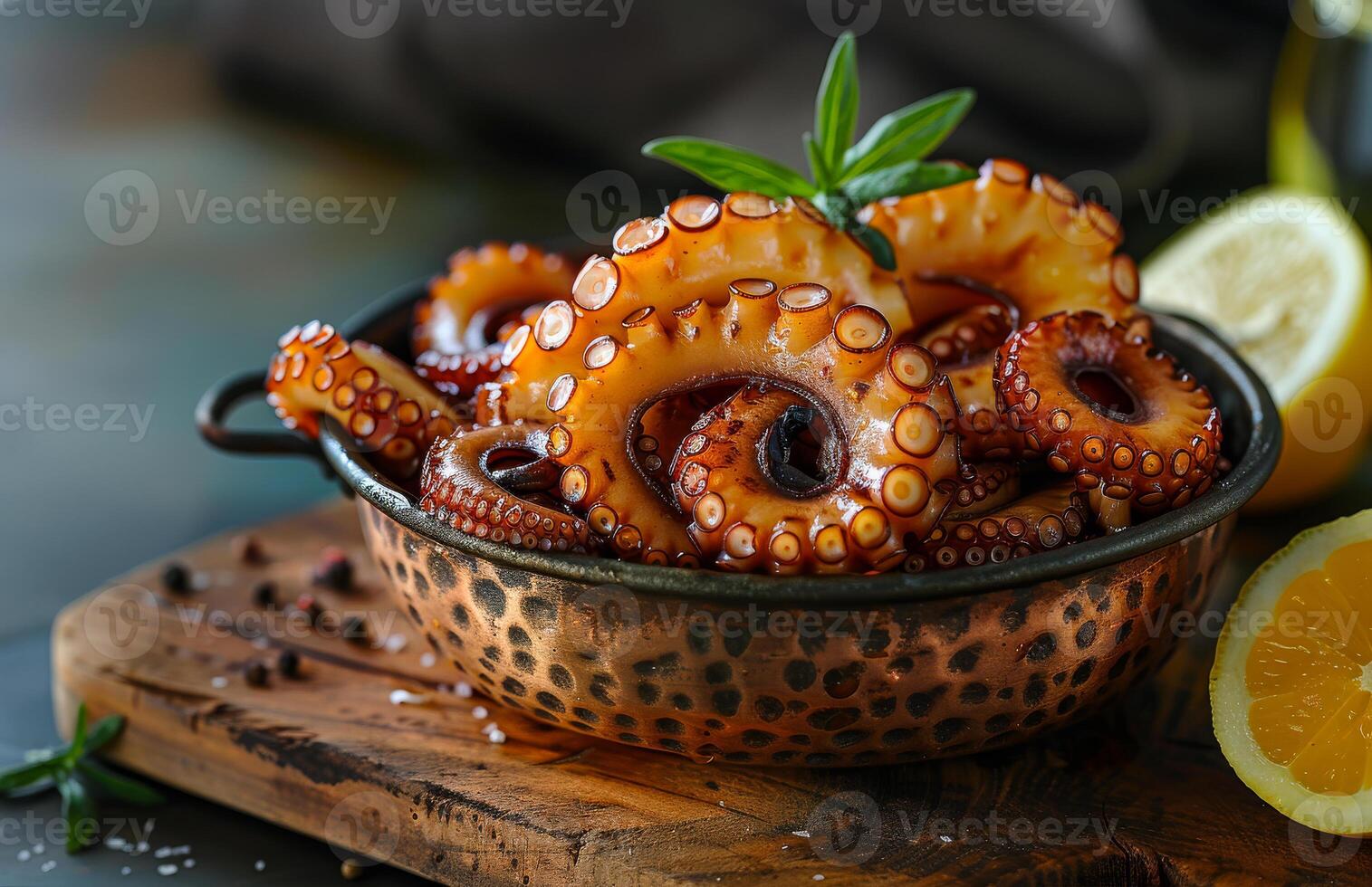 Grilled octopus tentacles served in copper pan with fresh lemon and herbs photo