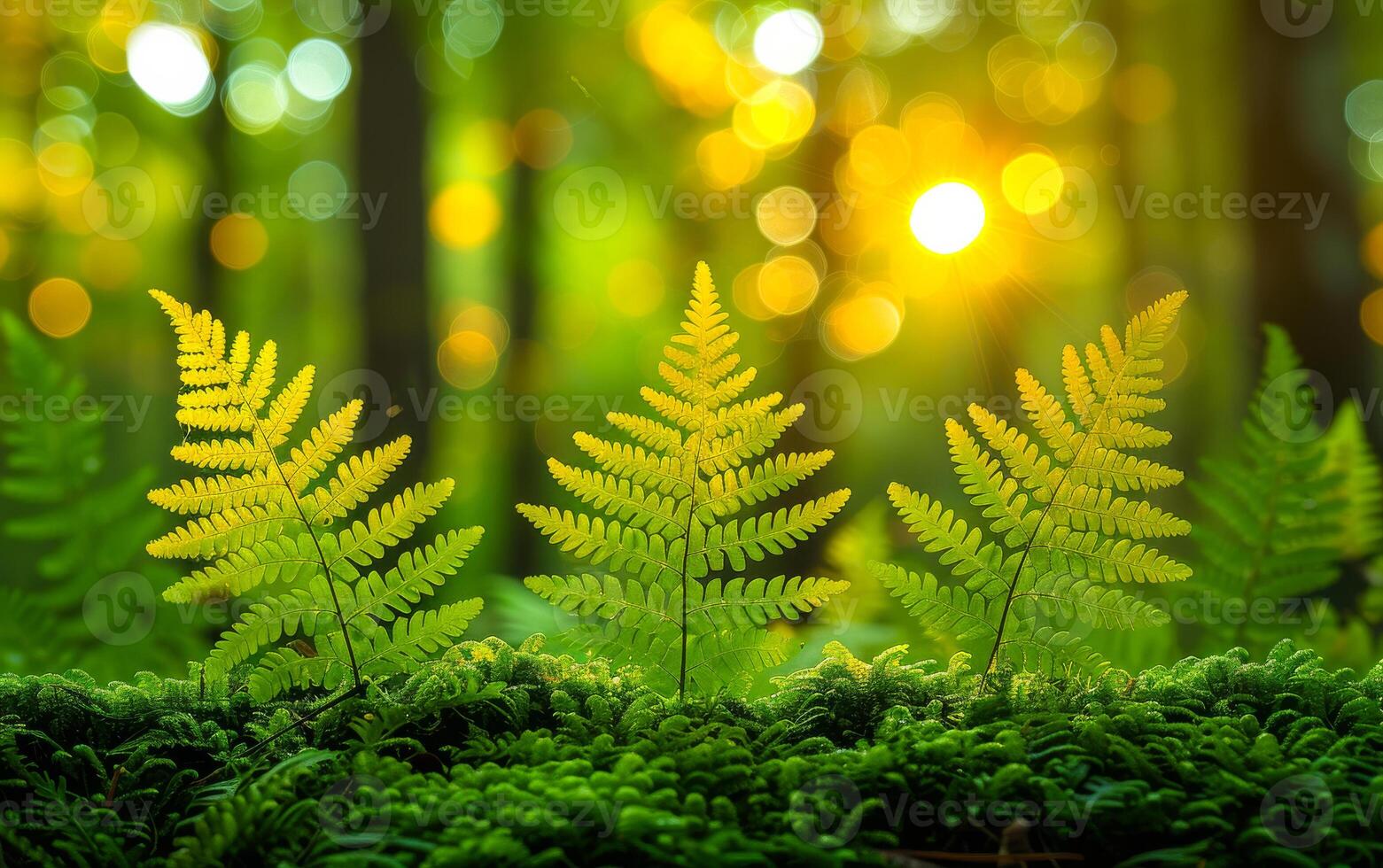 Ferns in the forest with sunlight. A close up ferns in a mossy forest photo