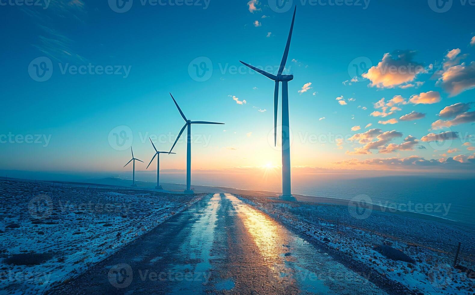 Wind turbines in the sunset. A generating electricity. Green energy transition photo