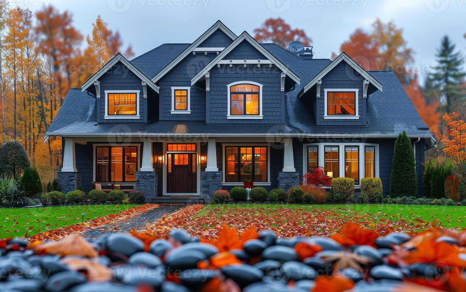 Big custom made luxury house with nicely landscaped front yard and driveway to garage in the suburbs photo