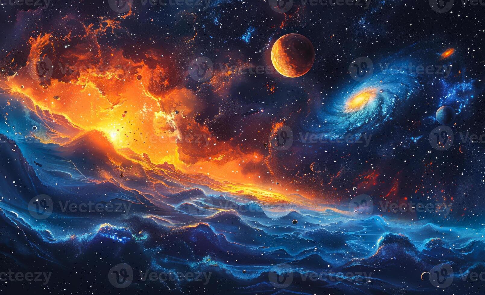 Planets over the nebulae in space. The solar system with the planets and sun in space photo