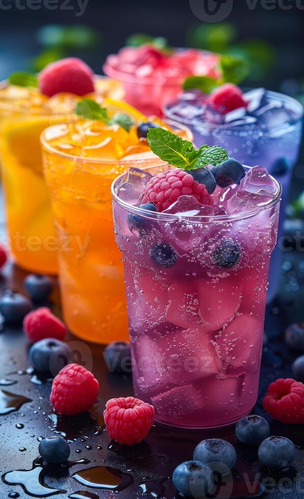 Summer fresh cold drink with berry mint and ice cubes on dark background photo