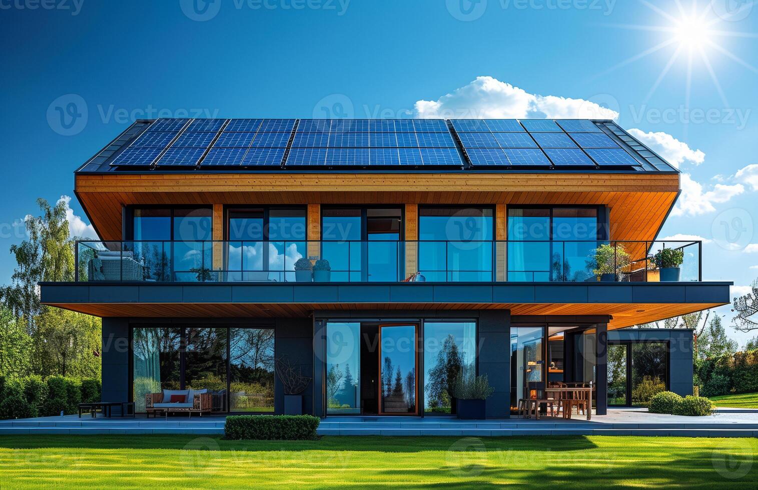 Modern house with solar panels on the roof. A photo of solar panels on the roof of a modern house