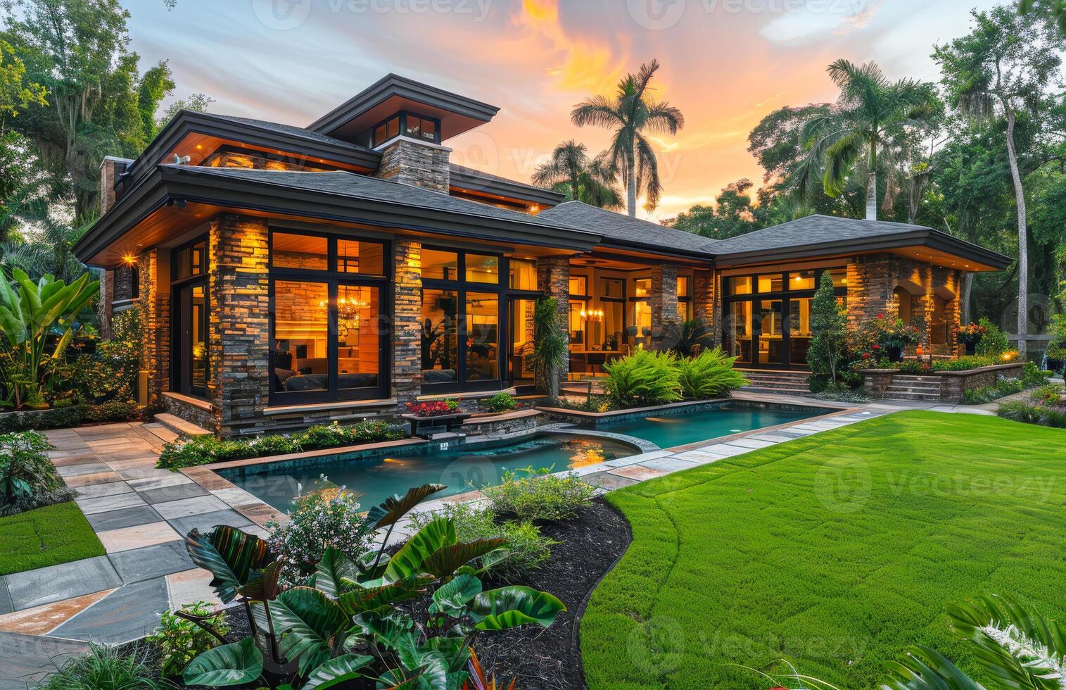 Beautiful home with pool and tropical landscaping. photo