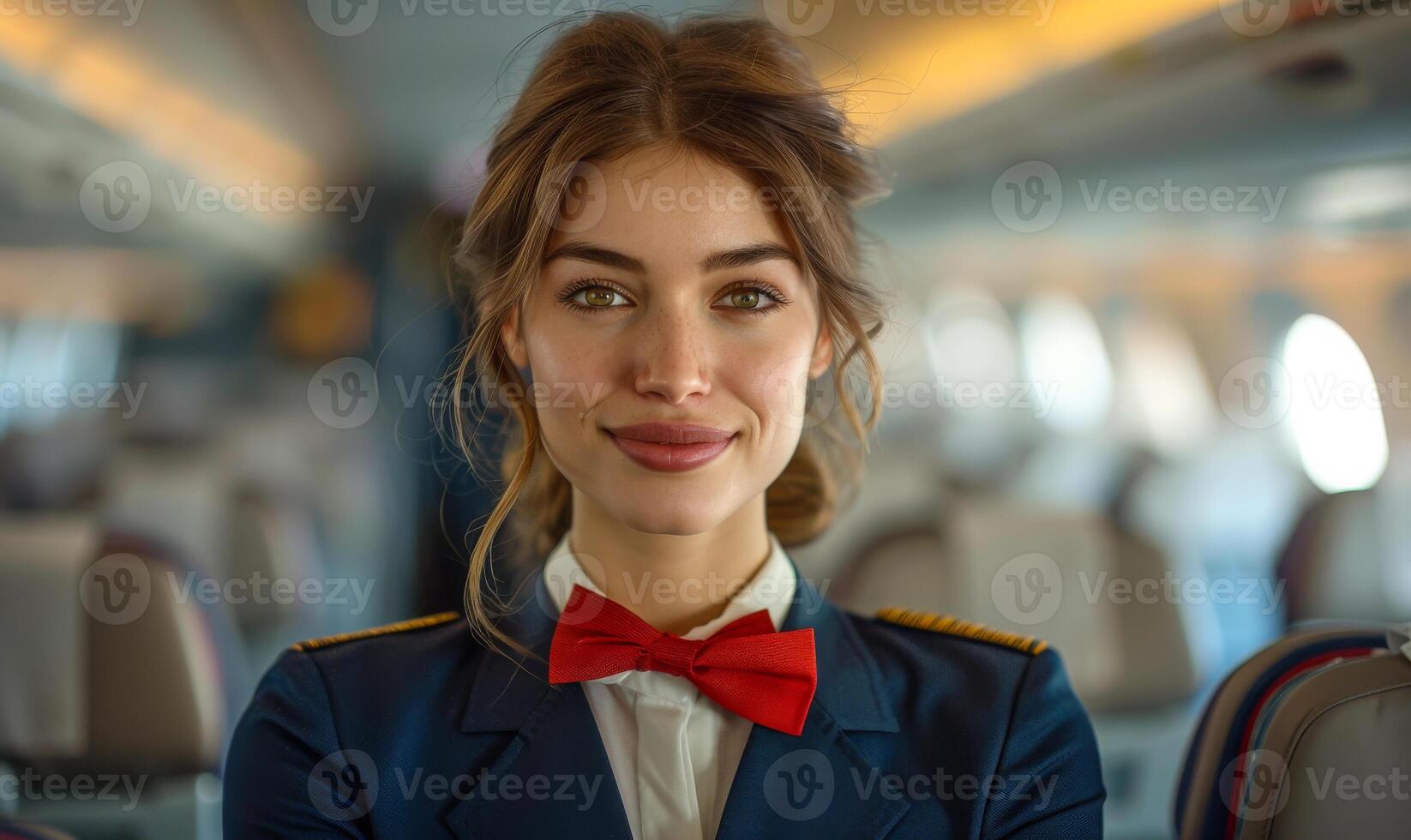Beautiful young air hostess in uniform is standing in the airplane photo