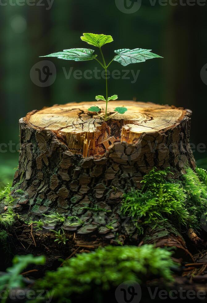 Small tree sprouts from stump in the forest. A tree stump with its top cracked open photo