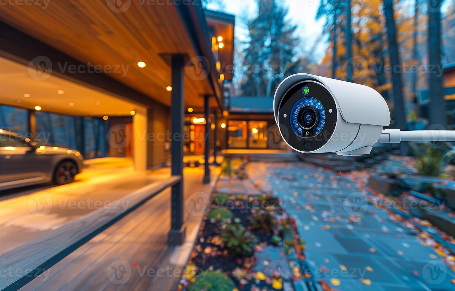 Security camera mounted on the side of house photo