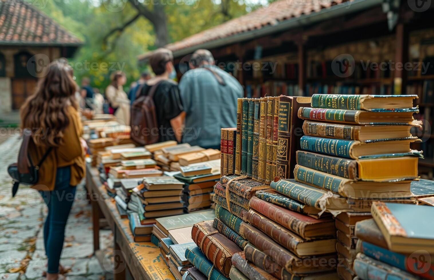 People looking at old books at flea market photo