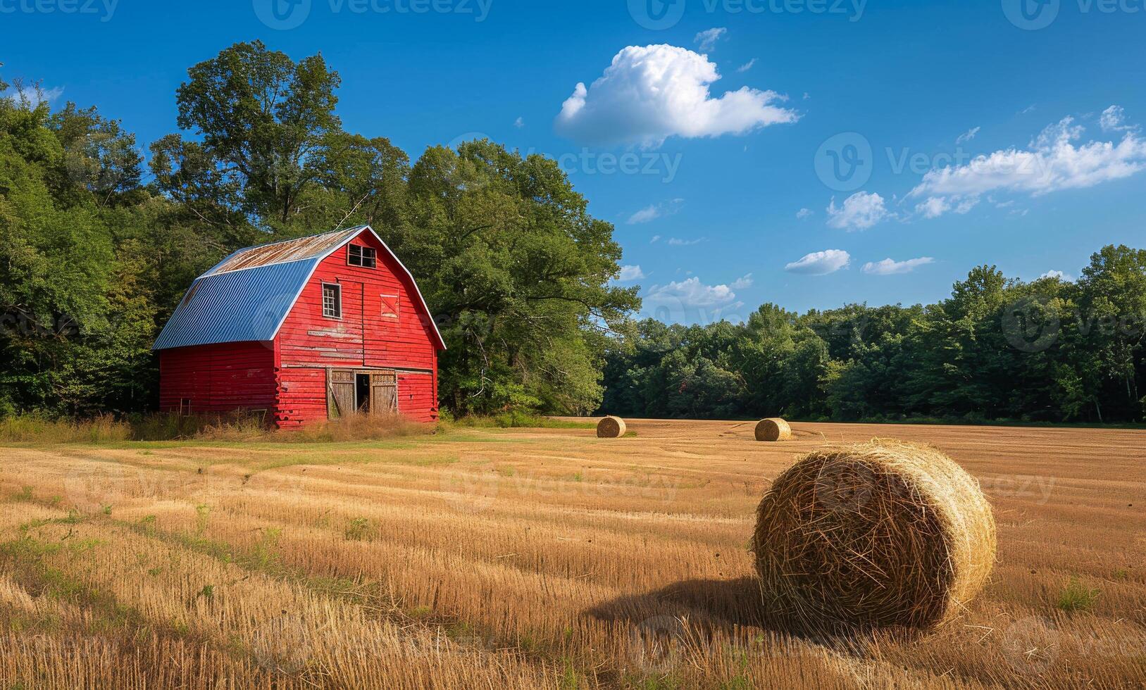Red barn and hay bales in field on farm photo