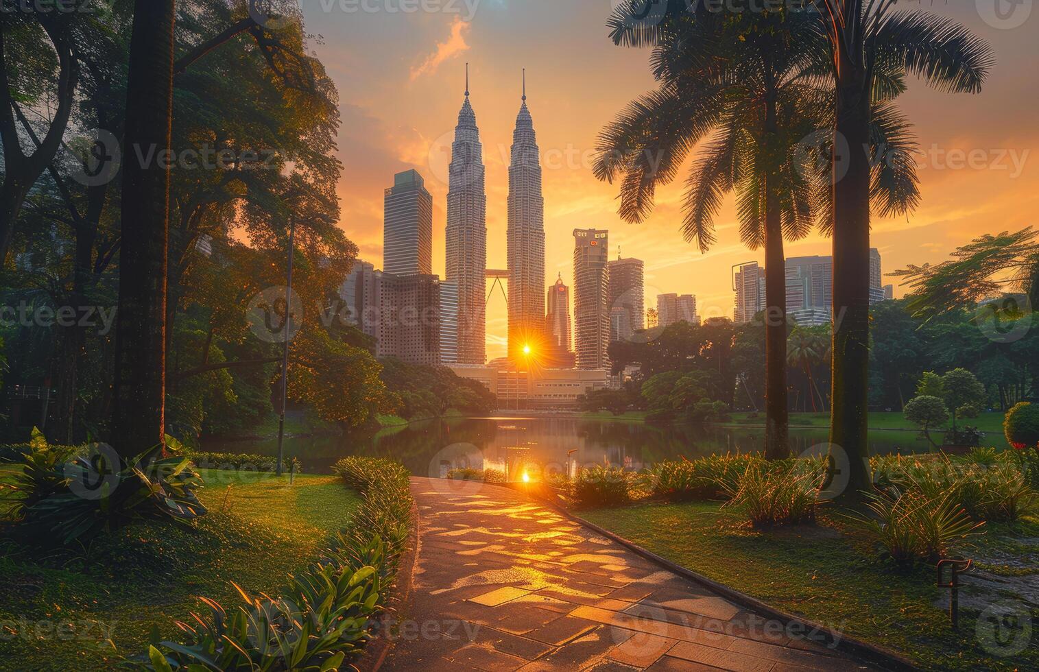 A city skyline and greenery at sunset view from the top. Modern buildings in the city photo