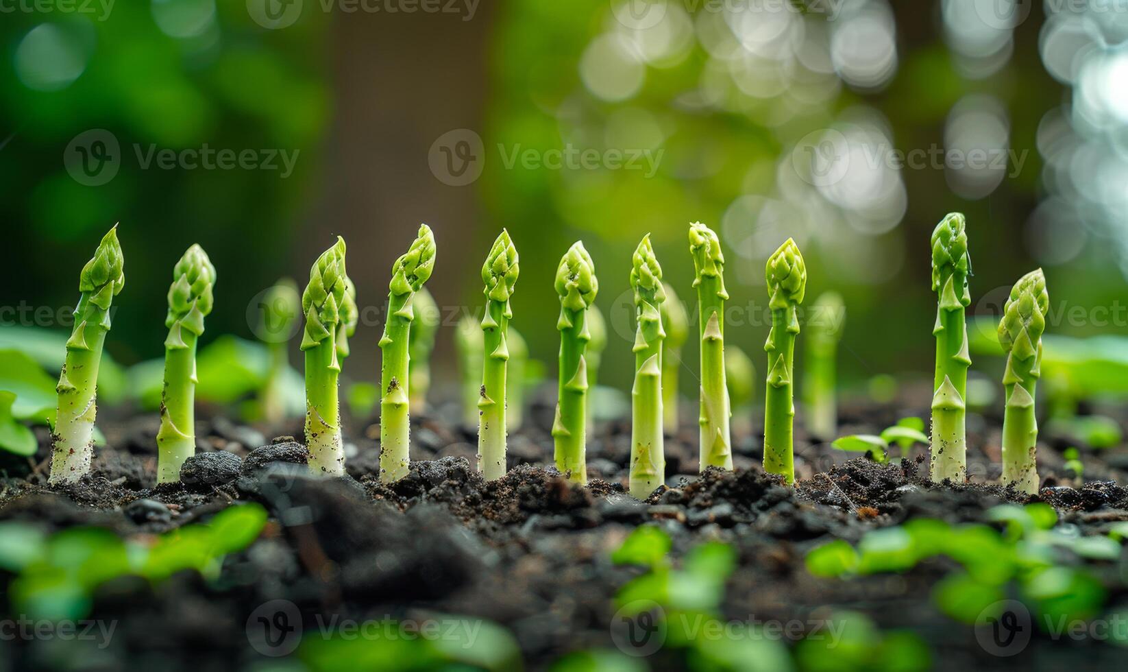 Green asparagus growing out of the ground. A photo shows asparagus growing in the ground
